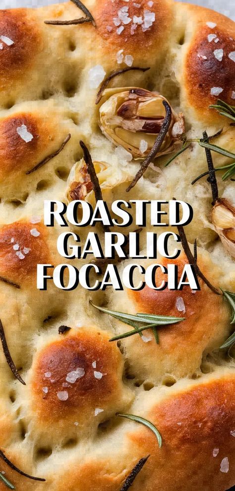 A photo of Roasted Garlic Focaccia Recipe Garlic Focaccia, Focaccia Recipe, Italian Bread, Roasted Garlic, Garlic Bread, Italian Recipes, Rosemary, Olive Oil, Garlic