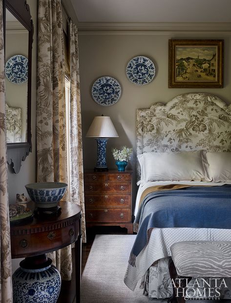 Collectors’ Call - AH&L Bedroom With Blues And Greens, Blue And White Bedroom Inspirations, Green And Blue Guest Room, Plates Over Bed, Grandmellinial Decor Bedroom, James Farmer Bedroom, Southern Bedroom Decor, French Country Guest Bedroom, Southern Living Bedroom