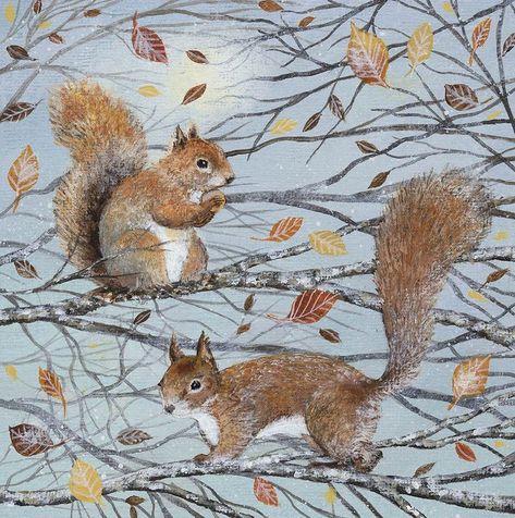 Lucy Grossmith, Falling Leaves Lucy Grossmith, Autumn Illustrations, Original Paintings For Sale, Acrylic Painting On Paper, Naive Art, Folk Art Painting, Autumn Art, Wildlife Art, Squirrels