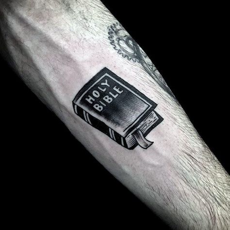 Mens Forearms Religious Holy Bible Tattoo Religious Tattoos For Men, Holy Tattoos, Bible Tattoo, Biblical Tattoos, Bible Tattoos, Bible Verse Tattoos, Verse Tattoos, Tattoo Inspiration Men, Religious Tattoo