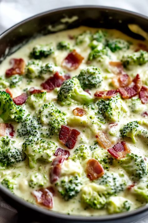 Creamy Broccoli & Bacon Broccoli And Bacon Recipes, Bacon Crumbles Recipes, Broccoli Bacon Casserole, Broccoli Cauliflower Salad With Bacon, Bacon Broccoli Pasta, Frozen Broccoli Recipes, Bacon Bits Recipes, Recipes With Broccoli, Bacon Broccoli