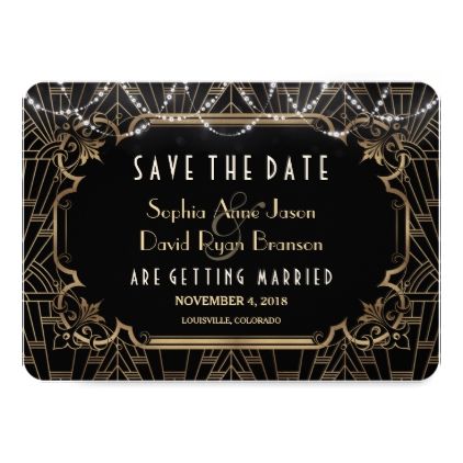 Chic Black Great Gatsby Art Deco 20s Save The Date Card - roaring 20s wedding gifts party ideas Roaring 20s Gala, 20s Wedding Theme, Art Deco 20s, 1920 Wedding, Roaring 20s Wedding, Great Gatsby Art, Deco Wedding Invitations, 20s Wedding, Diy Save The Dates