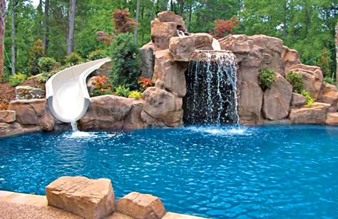 rock-waterfall-slide-pool-80 Pool Slide With Waterfall, Backyard Pool Grotto Rock Waterfall, Inground Pool Designs Rock Waterfall, Pool With Rock Slide And Waterfall, Pool With Grotto And Slide, Pool Grotto Waterfall, Pool With Rock Slide, Pool With Slide And Waterfall, Pool Rock Waterfall