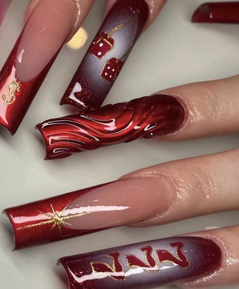 Lowrider Nail Designs, Lowrider Nails, Chola Nails Acrylic, 49ers Nails, Red And Gold Nails, Vegas Nails, Work Nails, Classy Acrylic Nails, Exotic Nails