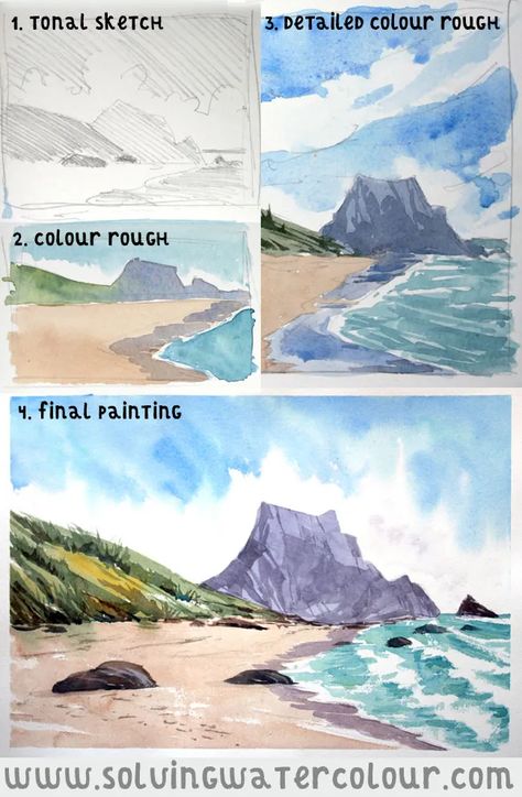 Seascape Pencil Sketch, Sketch And Watercolor Art, How To Sketch Landscapes Step By Step, Sketches For Painting, Seascape Sketch, Watercolour Pencil Art, Seascape Drawing, Watercolour Tips, Watercolour Tutorial