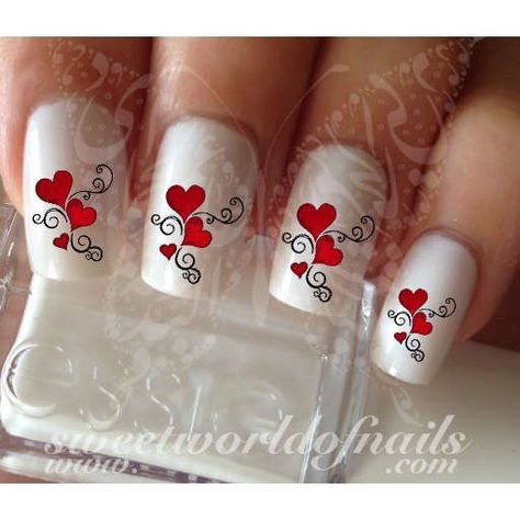 Lovely Valentine's Day Nail Art Red Hearts and Swirls Nail Water Decals Wraps Nail Art Red, Valentines Nail Art Designs, Paint Nails, Nail Water Decals, Valentine Nail Art, February Nails, Nail Designs Valentines, Pretty Nail Art Designs, Pretty Nail Art