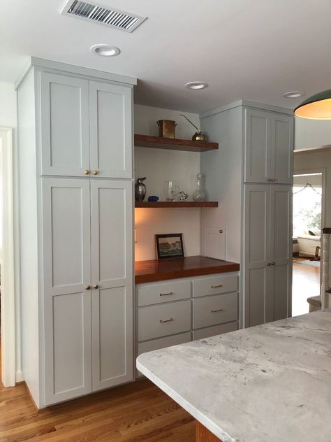 Shaker Pantry Cabinets, Large Kitchen Pantry Cabinets, Kitchen Built In Pantry Wall, Pantry Wall With Desk, Wall Of Cabinets Kitchen Storage, Additional Cabinets In Kitchen, Tall Kitchen Storage Cabinet, Pantry Wall In Dining Room, Kitchen Cabinets For Pantry