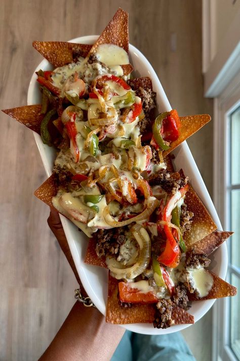 Vegan Philly Cheesesteak Wonton Nachos — Sweet Greens Vegan Wonton Nachos, Mushroom Meat, Vegan Philly Cheesesteak, Truffle Mashed Potatoes, Walnut Meat, Wonton Wraps, Philly Cheese Steak Sliders, Plant Based Cheese, Vegan Fries