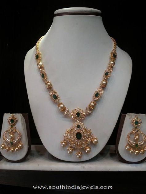 Gold CZ emerald necklace sets, CZ Stone Necklace Designs, Gold CZ Necklace Designs. Emerald Necklace Set, Gold Necklace Design, Diamond Gold Necklace, Ruby Necklace Designs, Cz Stone Necklace, Cowgirl Clothing, Sri Ram, Cowgirl Fashion, Gold Bangle Set