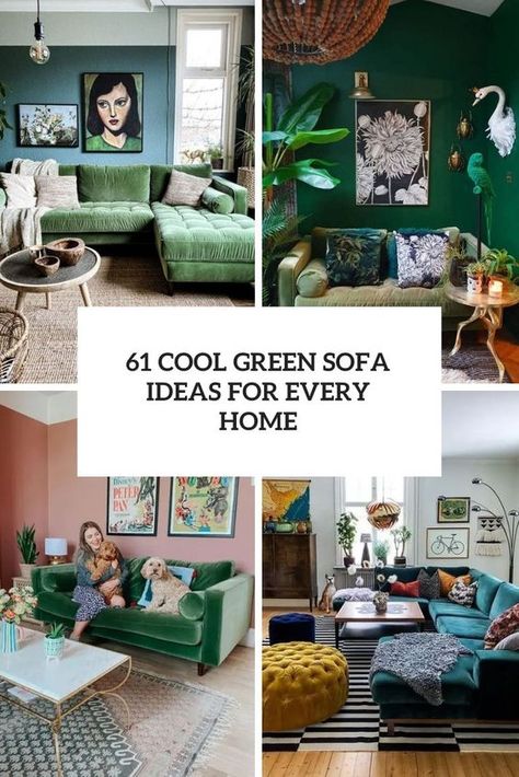 Picture of Cool Green Sofa Ideas For Every Home Emerald Green Chaise Lounge, Cool Green Room Ideas, Green Couch With Green Wall, Green Velvet Sectional Living Rooms, Rug With Olive Green Couch, Emeral Green Sofa, Green Couch Studio Apartment, Jade Couch Living Rooms, Bohemian Green Sofa