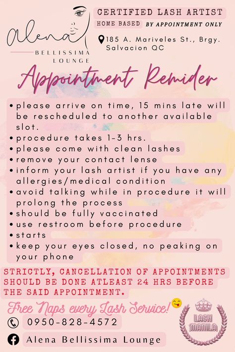 It's a client etiquette. What a client should do before arriving in a scheduled appointment. Lash Extensions Before Appointment, Lash Extension Appointment Policy, Eyelash Policies, Lash Appointment Rules, Esthetician Ideas, Esthetician Career, Natural Looking Eyelash Extensions, Lashes Ideas, Lash Appointment