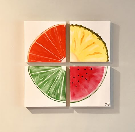 Fruit Slices Painting, Fruit Easy Painting, Funky Fruit Art, Acrylic Painting Ideas Fruit, Simple Fruit Painting, Painting Ideas Fruit, Fruit Painting Easy, Fruit Painting Acrylic, Fruit Canvas Painting