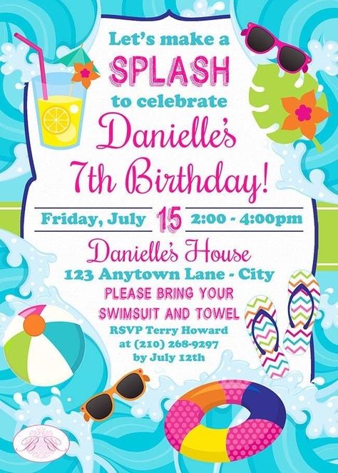 Splash Bash Birthday Party, Swim Party Invitations, Beach Party Invitations, Beach Birthday Party, Bear Invitations, Fun Party Themes, Pool Party Invitations, Summer Birthday Party, Beach Wave