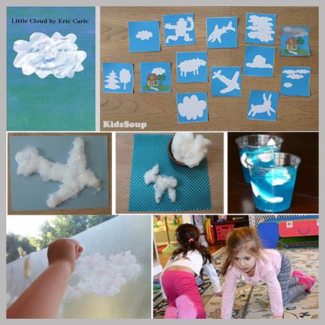 Little Cloud by Eric Carle activities, crafts, snacks, sensory play, and movement activities and games. Eric Carle Cloud Activities, Cloud Projects For Preschoolers, Cloud Sensory Play, Little Cloud Activities Preschool, Cloud Preschool Activities, Little Cloud By Eric Carle Activities, Cloud Activities For Preschool, Cloud Craft Preschool, Preschool Weather Activities