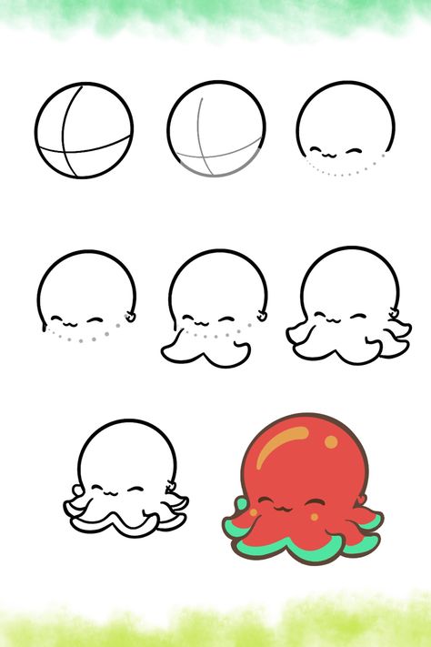 How to draw - step by step for kids. Octopus . #drawingideas #kawaiidrawing #kawaii #stepbystepdrawing #easy #art #artwork #beginner #tutorial #cartoon #learntodraw #learn #christmas #aesthetic #frog #cutedrawing #animals #kidsactivities #activities #simple #snailmailideas #octopus #drawing #draw #kidsactivity #painting #paintingart #illustration #sketchbook How To Draw A Cute Axolotl Step By Step, How To Draw Cute Kawaii, Chibi Animal Tutorial, Cute Octopus Drawing Easy, Easy To Draw Animals Step By Step, Kawaii Tutorial Drawing, Drawing Kawaii Animals, How To Draw Cute Animals Step By Step, Kawaii Drawing Tutorial