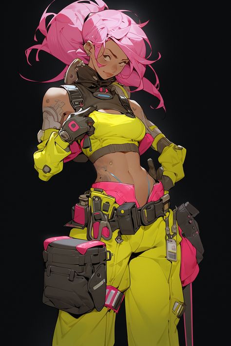 Pink Futuristic Outfit, Female Cyberpunk Oc, Cyberpunk Mechanic, Pink Cyberpunk, Mechanic Character Design, Sci Fi Character, Cyberpunk Outfit Women, Futuristic Character Design, Sci Fi Outfit