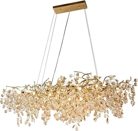 DHFHFMDCJDNN Modern Crystal Rectangular Chandelier for Dining Room, Gold Branch Lighting Raindrop Large Kitchen Island Hanging Light Fixture for High Ceiling, Living Room, Bedroom, Foyer - Amazon.com Branch Lighting, Kitchen Island Hanging Lights, Kitchen Island Hanging, High Ceiling Living Room, Chandelier Kitchen, Chandelier For Dining Room, Gold Branches, Rectangular Chandelier, Branch Chandelier