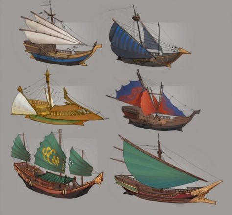 Small Pirate Ship Art, Greek Ships Ancient, Futuristic Pirate Ship, Fantasy Ship Designs, Fantasy Sailing Ship, Pirate Ship Concept Art, Boat Concept Art, Sea Concept Art, Fantasy Boat