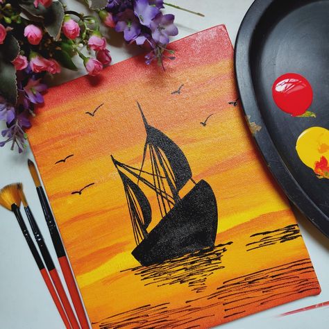 Yellow and red acrylic Painting ship painting Red And Orange Painting Ideas, Easy Acrylic Painting Ideas Square Canvas, Red And Yellow Painting Ideas, Heavenly Scenery, Red Acrylic Painting, Painting Ship, Pencil Arts, Red Paint Colors, Texture Canvas