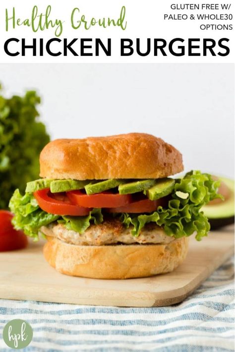 Healthy Ground Chicken Burgers (Gluten Free) | Hot Pan Kitchen | Gluten Free, Paleo & Whole30 Recipes Chicken Burger Recipe Ground, Chicken Burgers Ground, Best Chicken Burger Recipe, Easy Chicken Burger Recipe, Chicken Ranch Burgers, Healthy Ground Chicken, Burger Meals, Homemade Chicken Burgers, Chicken Patty Recipes