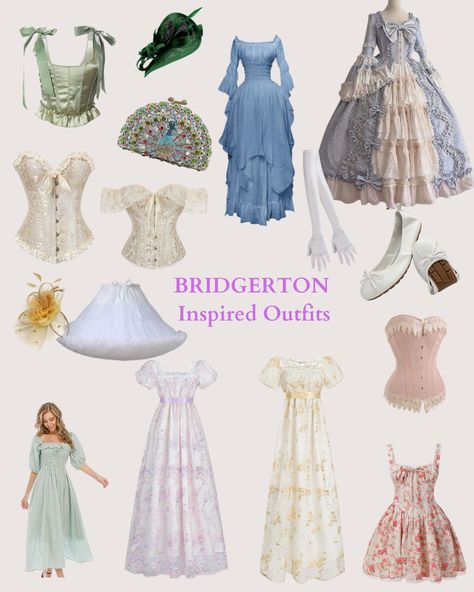 Regency-style dresses styled for a Bridgerton-themed party, showcasing romantic details like lace, puff sleeves, and timeless elegance. Boston Tea Party Outfit, Bridgerton Inspired Dresses, Bridgerton Inspired Outfits, Bridgerton Outfits, Regency Party, Regency Fashion Women, Bridgerton Dresses, Bridgerton Party, Art Gala