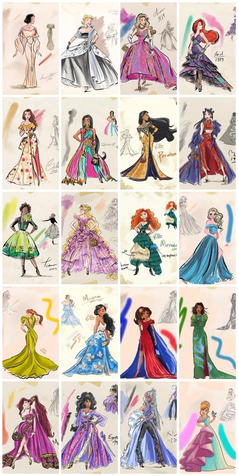 Disney Princess Designer Collection, Disney Fashion Illustration, Disney Princess Redesign, Disney Princess Concept Art, Disney Princess Dresses Drawings, Disney Fashion Sketches, Disney Princess Ball Gowns, Princess Dress Drawing, Disney Princess Gowns