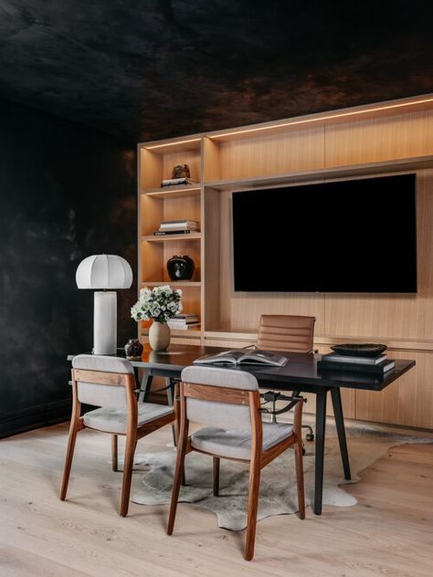 NOB HILL — Lindsay Gerber Interiors Dark And Moody Interiors, Moody Interiors, Curved Sofa, Local Design, Interior Trend, Dining Arm Chair, Black Walls, Architectural Digest, Tv Wall