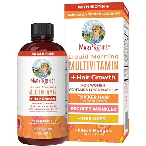 MaryRuth's Liquid Multivitamin + Lustriva® Hair Growth | Biotin 10000mcg | Vitamin D | B Vitamins | Clinically Tested for Thicker Hair, Wrinkles, Fine Lines, Skin Care | Ages 18+ | 15 Fl Oz Increase Hair Thickness, Mary Ruth, Liquid Multivitamin, Hair Growth Women, Biotin Hair Growth, Morning Hair, Improve Hair Growth, Hair Thickness, Thicker Fuller Hair