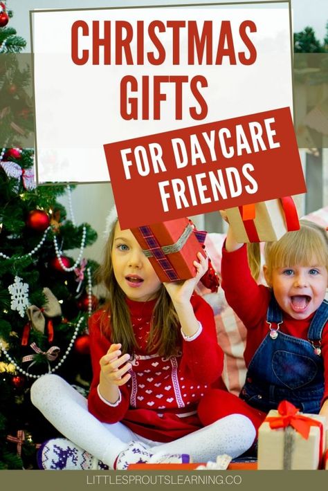 young kids at daycare with christmas gifts by the tree Preschool Friend Christmas Gift, Christmas Gifts For Toddlers Classmates, Daycare Classmate Christmas Gifts, Christmas Gifts Daycare Kids, Kids Friend Gifts, Infant Daycare Christmas Gifts, Christmas Toddler Class Gifts, Kids Friends Christmas Gift Ideas, Toddler Daycare Christmas Gifts Kids