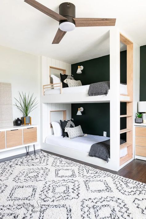 Built In Bunk Beds With Book Shelves, Crate And Barrel Bunk Bed, Bunk Bed With Lights, Bunk Beds With Sconces, Modern Twin Bunk Beds, Wallpaper Bunk Beds, Bunk Bed Niche, Diy Custom Bunk Beds, Boho Bunk Room