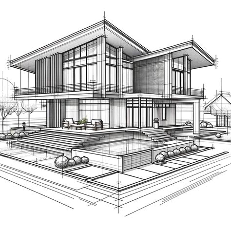 Architecture Inspo Drawing, Aritechture Sketches, Architecture 2 Point Perspective, Modern Architecture Sketch, House Perspective Architecture, Modern Architecture House Drawing, Architectural House Drawing, Archeticture Sketch, Modern Architecture Drawing