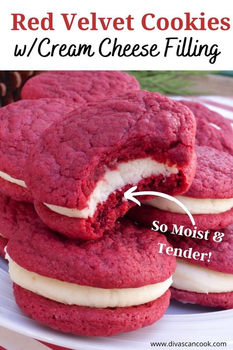 Cookies With Cream Cheese Filling, Red Velvet Cake Cookies, Velvet Desserts, Red Velvet Sandwich Cookies, Red Velvet Cookie Recipe, Valentine Dessert, Cream Cheese Cookie Recipe, Cookies With Cream Cheese, Cookie Sandwich Recipes