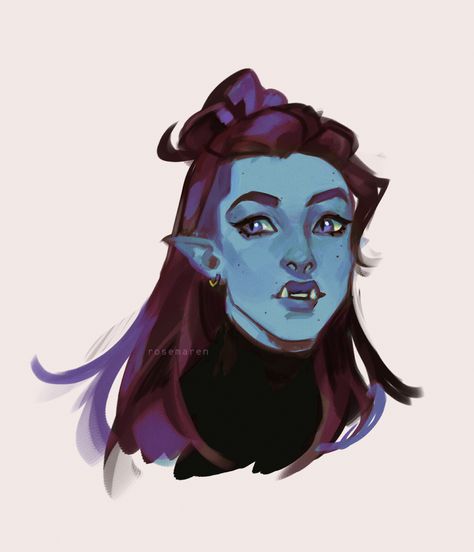 Orc Female Art, Purple Hair Character Design, Blue Skin Character, Half Orc Woman, Dnd Female Character Concept, Firbolg Female, Orc Woman, Half Orc Female, Female Half Orc