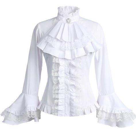 PRICES MAY VARY. This white blouse is made from a cotton blend fabric and the black blouse is made from Chiffon fabric embellished with charming lace, this blouse is high quality but non-stretchy and smooth to the touch for a comfortable fit. The Vintage Victorian lace lolita blouse features a stand-up collar, detachable tie, lovely flared long sleeves with lace and ruffles accents, button closure, and lace-up back adjustment Inspired by the romantic Victorian era, this women's blouse exudes tim Frilly White Button Up, Victorian Button Up, Ruffled Button Up Shirt, White Goth Clothes, Long Shirts For Women Casual, Victorian White Shirt, Frilly White Shirt, Fancy White Shirt, Neo Victorian Fashion