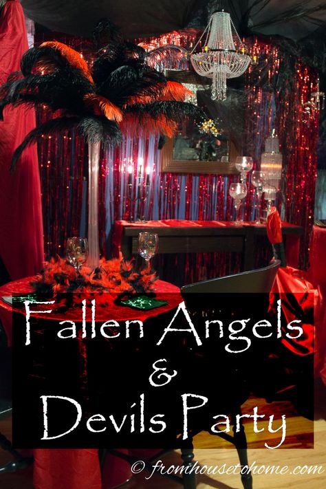 Fallen Angels and Devils Party | Looking for some food, drinks and decor ideas for a Fallen Angels and Devils Party? This post of an actual party has some great ones! Saints And Sinners Party Decorations, Sinners And Saints Party, Angels And Devils Party, Saints And Sinners Party, Devil Party, Angels And Devils, Black Party Decorations, Halloween Haunted House Decorations, Masquerade Theme