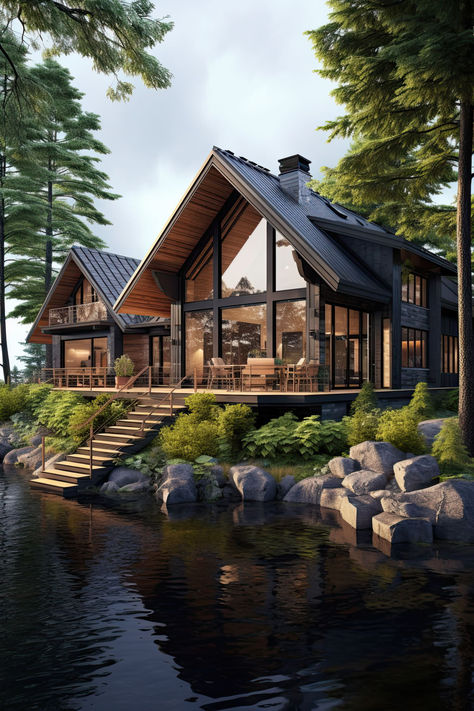 Modern Cottage Plans, Chalet House Exterior, Lakefront Cottage Plans, Chalet Style Homes Exterior, Modern Cabin House Exterior, Cabin Style Exterior, Lakefront Homes Exterior, Modern Cottage Home Plans, Modern Lake Cabin