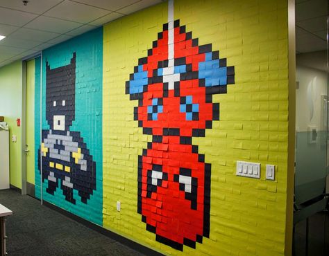 Bruck7 creates "Pixel Superheroes", a new indoor installation in NYC, USA Post It Art, Image Pixel Art, Post Its, Notes Art, 8 Bits, High School Art, Wall Installation, Window Art, Cubicle