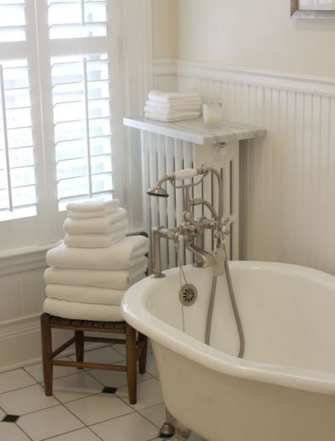 Marble Radiator Cover Old Radiators, Radiator Shelf, Patterned Bathroom Tiles, White Beadboard, Beadboard Paneling, Home Radiators, Wainscoting Styles, Marble Shelf, Bathroom Radiators