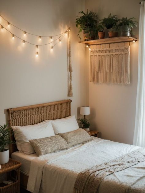 Aesthetic Twin Bedroom, Macrame Above Bed, Macrame Wall Hanging Above Bed, Lights Above Bed, Above Bed Ideas, Bedroom Wall Decor Above Bed, Wall Decor Above Bed, String Lights In The Bedroom, Macrame Wall Hangings