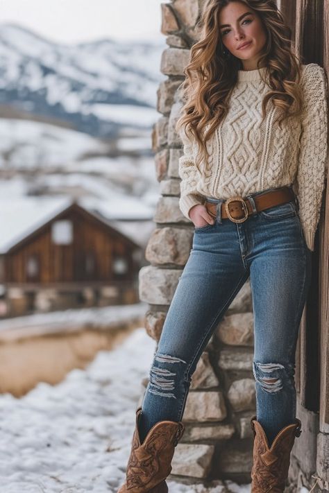 75+ Jeans and Cowboy Boots Outfit Ideas for Winter: Stay Warm, Stay Stylish! - From The Guest Room Cute Stylish Winter Outfits, Women's Fashion Western Outfit, Jeans And Cowboy Boots Women, Women's Western Wear Outfits Classy, Casual Boot Outfit Women, Winter Outfits With Heel Boots, Cowgirl Boots Outfit Brown, Ducks Unlimited Banquet Outfit, Outfits For Napa Valley Winter