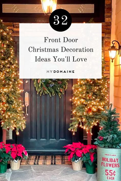 Christmas Trees By Front Door Entrance, Black Front Door Christmas Decor, Entry Door Christmas Decor, How To Decorate Front Door Entrance For Christmas, Lighted Garland Around Front Door, Christmas Front Door Ideas Entrance, Front Door Decor For Christmas, Christmas Front Door Decor Entrance Diy, Outdoor Christmas Garland Front Doors