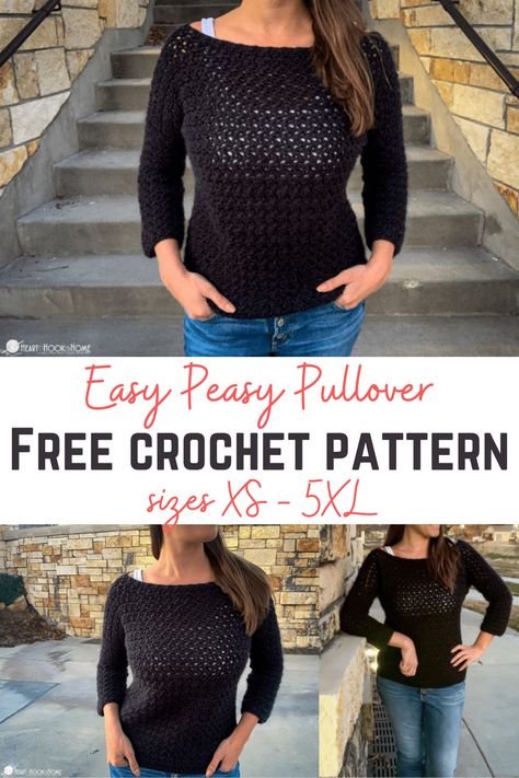 The Easy Peasy pullover is now UPDATED and available in sizes XS - 5XL. This crochet sweater is quick to work up and stylish, too! Crochet Jumper Pattern, Crochet Pullover Pattern, Pullover Crochet, Crochet Sweater Free, Crochet Pullover, Crochet Cardigan Sweater, Crochet Jumper, Crochet Sweater Pattern Free, Mode Crochet