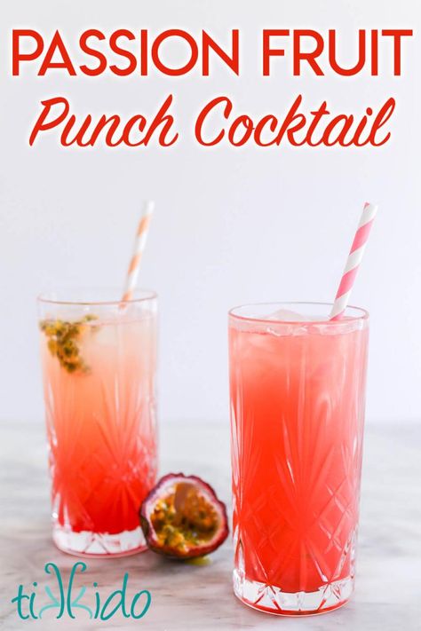 Passion Fruit Punch Cocktail Recipe | Tikkido.com Passion Fruit Puree Cocktails, Passion Fruit Ciroc Recipes, Passion Fruit Vodka Cocktail, Passionfruit Cocktail Recipes, Ciroc Passion Drink Recipes, Halloween Fruit Punch, Passion Fruit Cocktail Recipes, Fruit Punch Cocktail, Fruit Punch Recipes