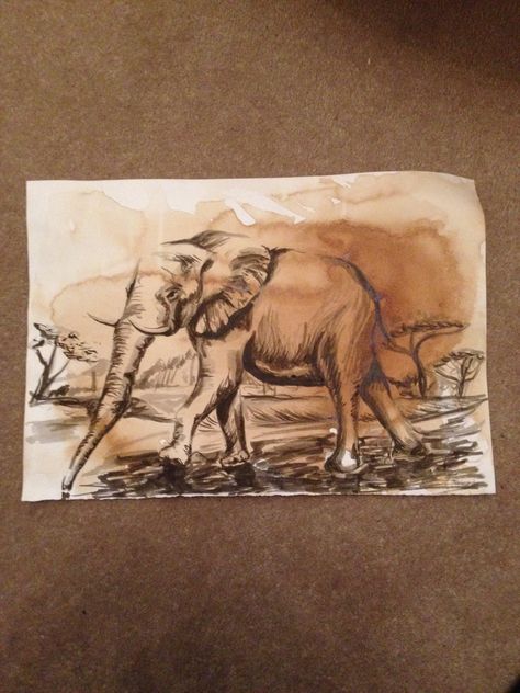 Elephant drawing, using pen and ink wash. Loose, abstract style, on tea stained paper. Drawing Using Pen, Stained Paper, Tea Stained Paper, Pen Drawings, Elephant Drawing, Personal Grooming, Ink Wash, Painting Inspo, Tea Stains