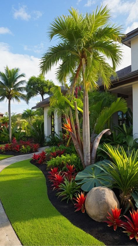 Transform Your Outdoor Space: 15 Tropical Landscaping Ideas - Cheerful Talks Modern Tropical Front Yard Landscaping, Lanai Decorating Ideas Florida Tropical Plants, Tropical Landscaping Front Yard Florida Garden Ideas, Florida Backyard Landscaping, Tropical Landscaping Front Yard, Florida Landscaping Ideas Front Yards, Florida Front Yard Landscaping, River Pool, Tropical Backyard Landscaping