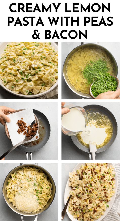 This easy, creamy lemon pasta is the ultimate weeknight comfort food! Start by cooking bowtie pasta with some fresh or frozen peas, then toss it with an easy lemon parmesan cream sauce. Top with crispy bacon and some lemon zest for a bright, cozy pasta that's sure to be a hit! Includes how to photos and plenty of notes on substitutions, riffs, and adjustments to help you make it your own. Add chicken or sausage for extra protein, or add veggies like broccoli, mushrooms, tomatoes, and more! Pasta With Peas And Bacon, Cozy Pasta, Peas And Bacon, Creamy Lemon Pasta, Lemon Garlic Pasta, Pasta With Peas, Creamed Peas, Goat Cheese Pasta, Parmesan Cream Sauce