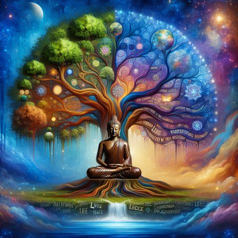 "#Zen" Buddha meditates before the vibrant "#TreeofLife". The tree, teeming with colors and textures, subtly reveals motivational quotes. Buddha and tree vary in form and pose, reflecting the fluid energy of life. Background ranges from sky to cosmos, adding depth and intrigue. #BuddhaArt #SpiritualArt #MeditationArt. Sacred Geometry Universe, Gautam Budh, Buddha Tree, Tree Of Life Images, Buddha Background, Quotes Buddha, Buddhism Wallpaper, Life Background, Zen Buddha