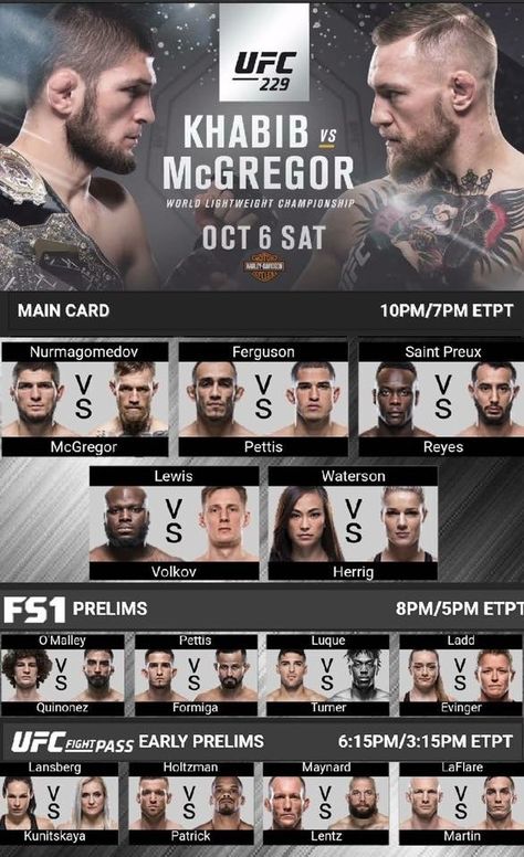 UFC229 card with the main fight Khabib vs McGregor. Will be held on October 6 in Las Vegas. Khabib Vs Mcgregor, Mma Motivation, Ufc Poster, Mma Videos, Mma Girls, Khabib Nurmagomedov, Mma Workout, Boxing Posters, Sports Posters