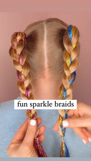 Audrey McClelland on Instagram: "ENDING 2023 WITH FUN SPARKLE BRAIDS 🥰💕 I love this one, it’s just pure fun! This year, I really tried to bring in more hair accessories. I feel like they’re such an easy way to add such fun and cuteness to any hairstyle. Hair tinsel has become one of my favorites… It’s one of those accessories that you can just add into almost any hairstyle! Enjoy this one! This is also a great one for any occasion… Birthdays would be a blast with hair tinsel. . #hairdo #braidideas #braidinspo #braidinspiration #braid #simplehairstyles #simplehair #simplehairstyle #easyhairstyles #easyhairstyle #easyhairstylesforgirls #cutehairstyles #cutehair #hairvideo #hairideas #hairinspo #hairinspiration #hairvideos #hairidea #funhair #hairstyles #hair #hairstyle #hairtutorial #hairt Hair Tinsel In Braids, Braid In Tinsel, Tinsel Hair Styles, Dutch Braids With Tinsel, Tinsel Bubble Braids, Hair Tinsel Braids, Hair Tinsel Bubble Braids, How To Do Fairy Hair Tinsel, Braids With Tinsel