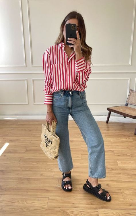 Red Shirt Casual Outfit, Striped Button Shirt Outfit, Red And White Shirt Outfit, Striped Shirts For Women, Red Shirt Outfit Women, Red Stripe Outfit, Strip Shirt Outfit, Red Polo Shirt Outfit Women's, Striped Button Down Outfit